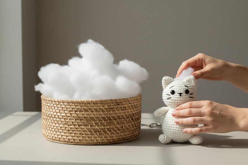 Ein Ratankorb mit Füllwatte, rechts daneben ein Katzenamigurumi die gerade gestopft wird. Nur zwei Hände zu sehen. Schlichter grauer Hintergrund. 